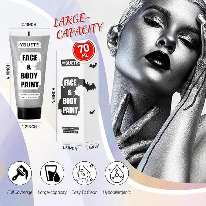 Sliver Water Based Face Body Paint, 2.37 OZ Large Tube Full Coverage Face Paint for Skull Goth Cosplay, Washable Metallic Silver Body Painting Cream for Adult Carnival Halloween SFX Makeup-VivaGrace Women