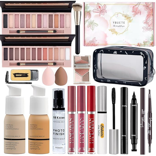 Makeup Set Kit for Women Full Kit, Makeup Gift for Makeup Beginner, Eyeshadow Foundation Face Primer Brush 3 in 1 Palette Lip Gloss, Eyebrow Soap Mascara Eyeliner cosmetic bag-VivaGrace Women