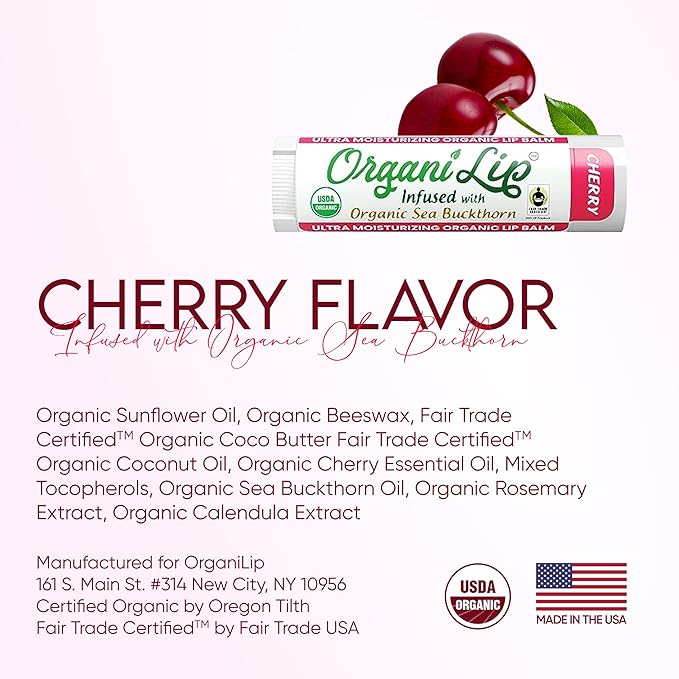 OrganiLip USDA Certified Organic Lip Balm for Nourishing Cracked or Dry Lips - All-Day Ultra Moisturizing Lip Care in Oval Shaped Tubes - 3-Pack (Cherry)-VivaGrace Women