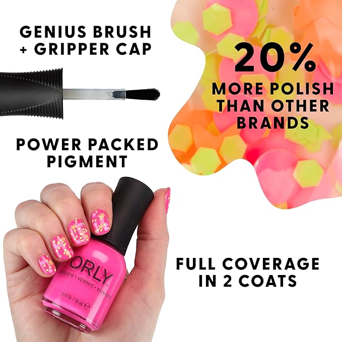 Orly Neon Nail Polish Colors for Summer | Bright Shades and a Confetti Topper for Summer Neon Nails | 0.6fl oz (That's Hot, 0.6 fl oz)