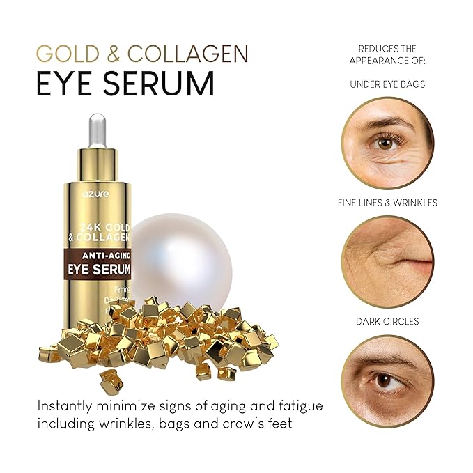 AZURE 24K Gold & Collagen Anti Aging Eye Serum - Firming, De-Puffing & Hydrating | Reduces Wrinkles, Fine Lines & Under Eye Bags | Minimize Signs of Aging | Made in Korea - 60mL-VivaGrace Women