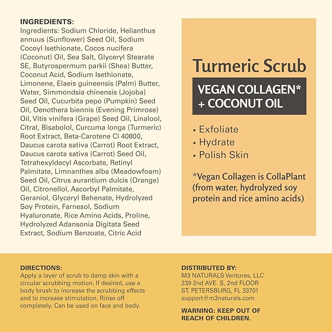 Exfoliating Turmeric Scrub and Skin Exfoliator with Collagen and Coconut Oil, Gently Exfoliates Face, Body, Hands, and Feet, Moisturizing Skincare, 16 oz by M3 Naturals-VivaGrace Women