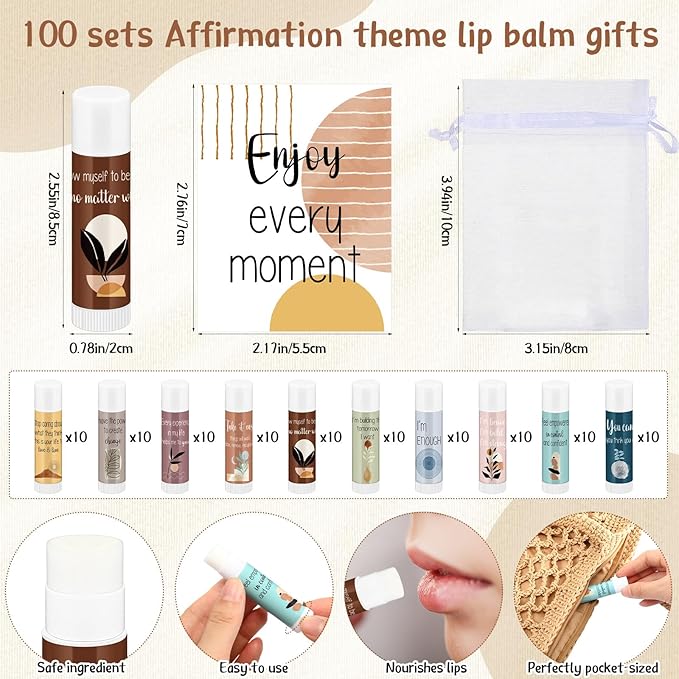 Mental Health Awareness Gifts Lip Balm Bulk Inspirational Lip Balm with Positive Daily Affirmation Cards Self Care Gifts Gifts for Women Men Stress Relief Family Reunion Favor(100 Sets)-VivaGrace Women