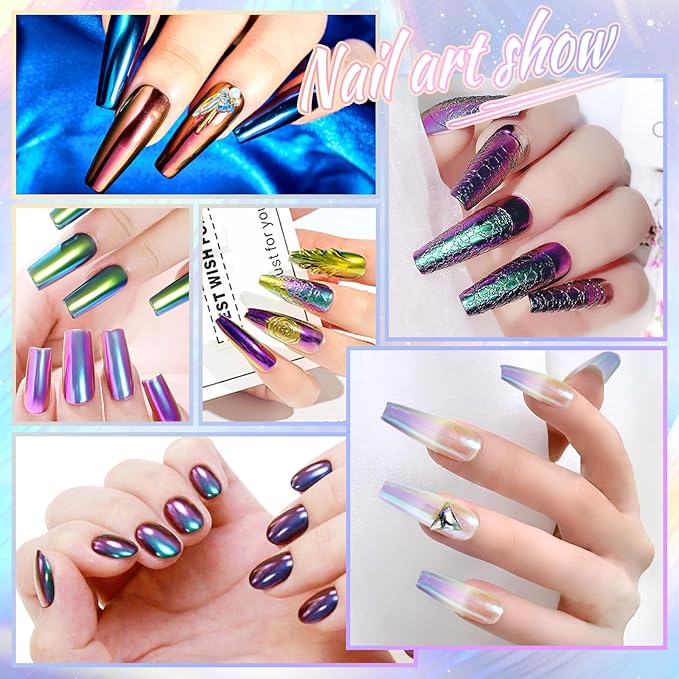 Laza Chameleon Chrome Nail Powder, 8 Colors Glazed Donut Nails Metallic Mirror Effect Pigment, Iridescent Aurora Nail Glitter Holographic Dust Kit for Gel Nail Art Decoration, Gifts - Colorful Peacock-VivaGrace Women