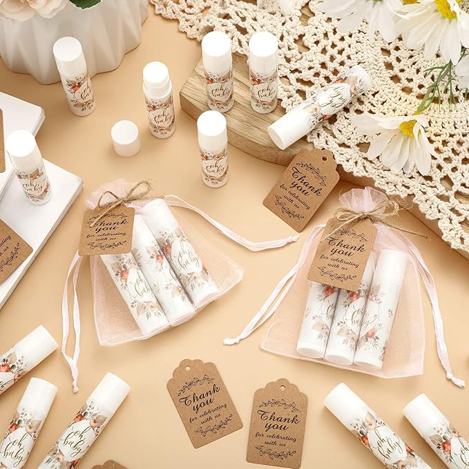 Demissle 50 Pcs Baby Shower Lip Balm Gift Set with 100 Pcs Organza Bags Baby Shower Party Favor for Guest Thank You Tag Rope Baby Shower Party Decoration Gender Reveal Souvenirs(Colorful Plants)-VivaGrace Women