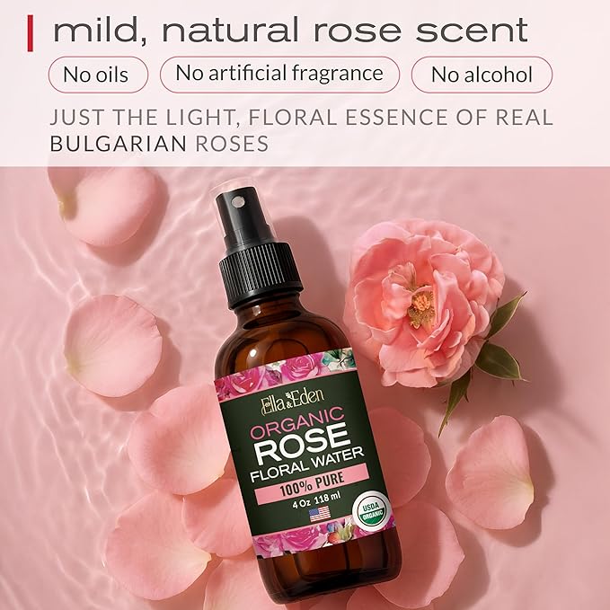 Ella & Eden Organic Rose Water Spray for Face, Hair 4 Fl Oz | USDA Certified 100% Pure Steam Distilled Hexane-Free | Hydrating, Refreshing Facial Mist for All Skin Types-VivaGrace Women