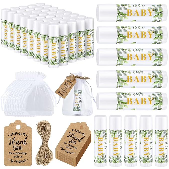Demissle 50 Pcs Baby Shower Lip Balm Gift Set with 100 Pcs Organza Bags Baby Shower Party Favor for Guest Thank You Tag Rope Baby Shower Party Decoration Gender Reveal Souvenirs (Leaves)-VivaGrace Women