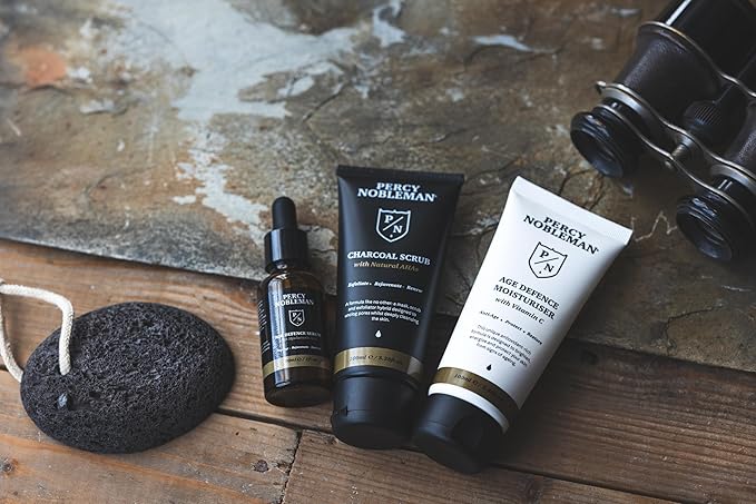 Percy Nobleman Age Defence Kit, a men's skincare set containing Charcoal Face Scrub (with Natural AHAs), ultra-hydrating Facial Serum (with Hyaluronic Acid), and Moisturiser (with Vitamin C)-VivaGrace Women
