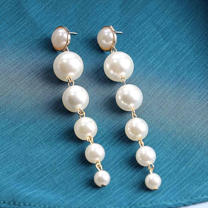 Boho Pearl Drop Dangle Earrings Big Pearl Tassel Earrings Gold Long Drop Earrings Elegant Vintage Earrings Jewelry for Women-VivaGrace Women