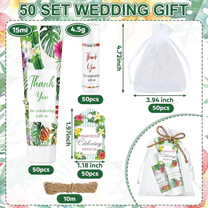 200 Pcs Baby Shower Wedding Party Favors Gift Set, 50 Pcs Baby Shower Hand Cream and 50 Lip Balm for Wedding Bridesmaid Guests Gift Supplies with 50 Organza Bag 50 Thank You Tag(Tropical)-VivaGrace Women