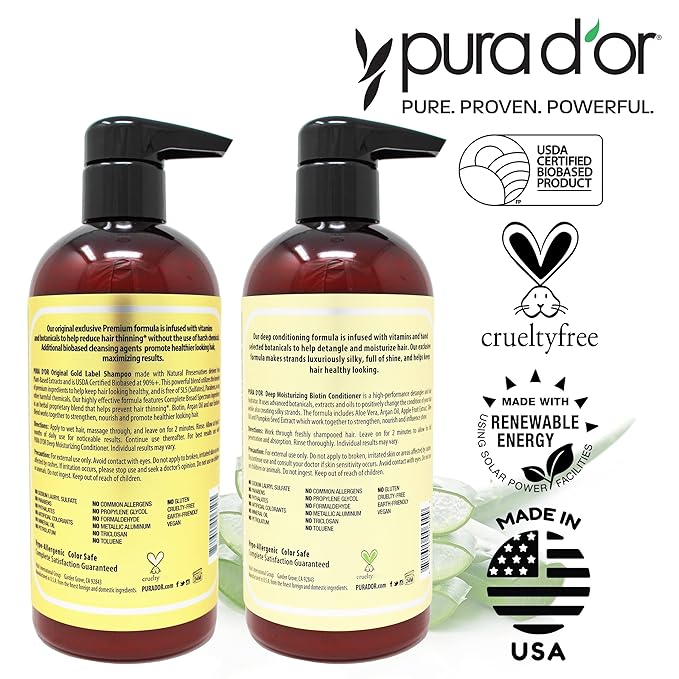 PURA D'OR Anti-Thinning Biotin Shampoo & Deep Moisturizing Conditioner Original Gold Label Set (16oz x2) Natural Earthy Scent, CLINICALLY TESTED Effective Results, Hair Thickening Product, Women & Men-VivaGrace Women