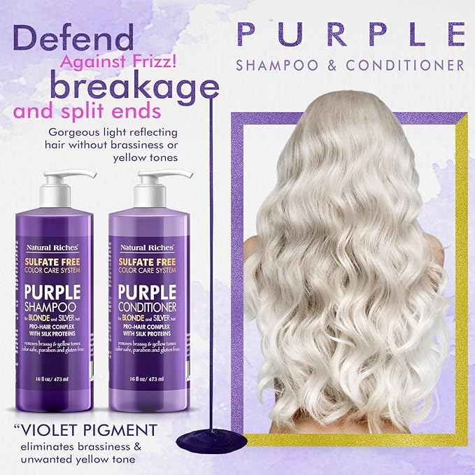 Natural Riches Purple Shampoo and Conditioner Set Sulfate Free Salon Grade for Silver Blonde Platinum Hair. Removes Yellow & Brass tones. Grey Highlighted Hair 16x2 fl oz-VivaGrace Women