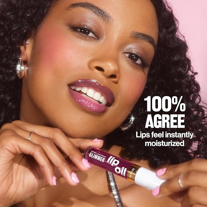REVLON Super Lustrous Glimmer Lip Oil, Moisturizing & Tinted, Shiny Finish, Made with Plant-Based Squalane, 007 Posh Peach, 0.13 fl oz