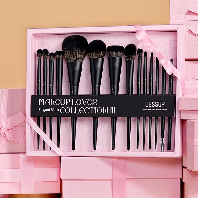Jessup Makeup Brushes Set Jessup Make up Brushes 14Pcs Black Kabuki Foundation Eyeshadow Contour Concealer Powder Eyeliner Crease Eyebrow Blending Brush with Gift Box, T336-G-VivaGrace Women