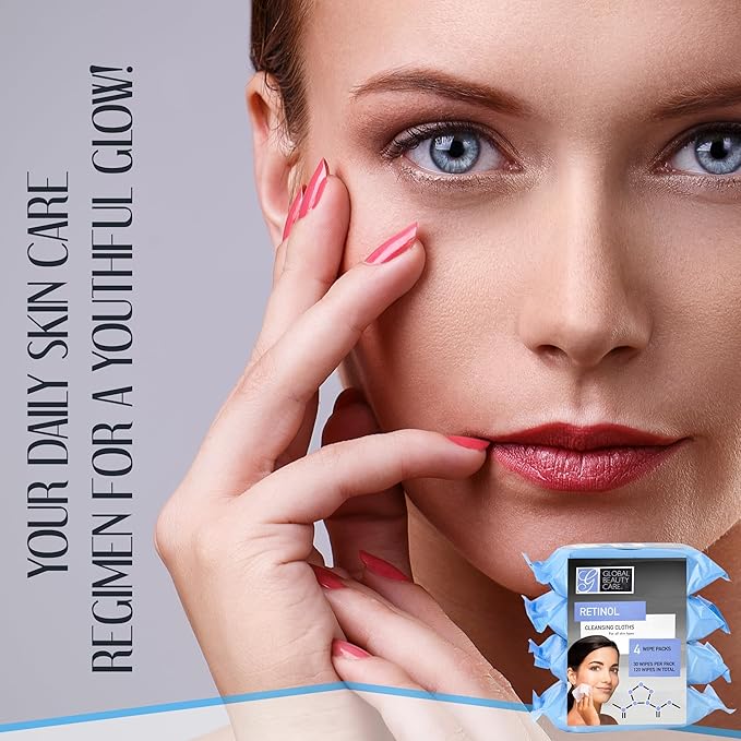 Global Beauty Care Retinol Cleansing Facial Towelettes, Makeup Remover Wipes, Nourishing Face & Eye Hypoallergenic, Paraben-Free, Non-Comedogenic, Hydrates & Smooths Skin 30 Wipes, 120 Count 4 Pack