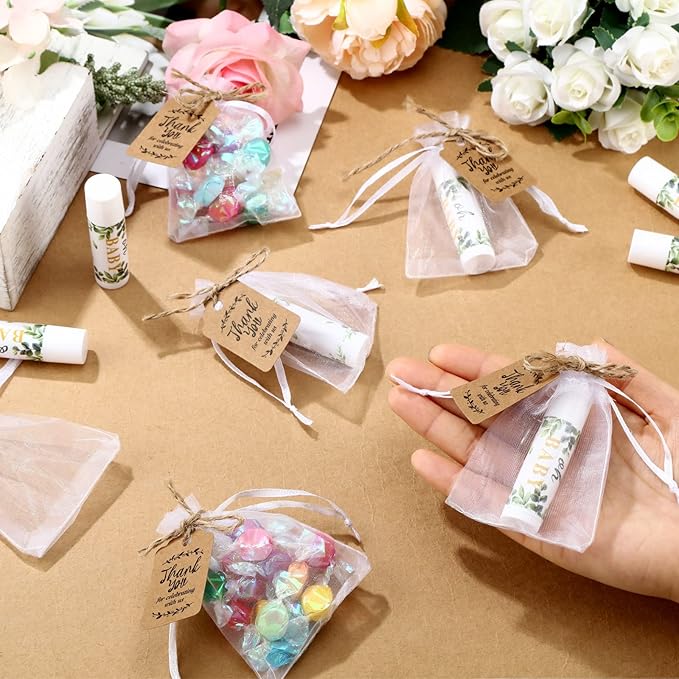 Demissle 50 Pcs Baby Shower Lip Balm Gift Set with 100 Pcs Organza Bags Baby Shower Party Favor for Guest Thank You Tag Rope Baby Shower Party Decoration Gender Reveal Souvenirs (Leaves)-VivaGrace Women