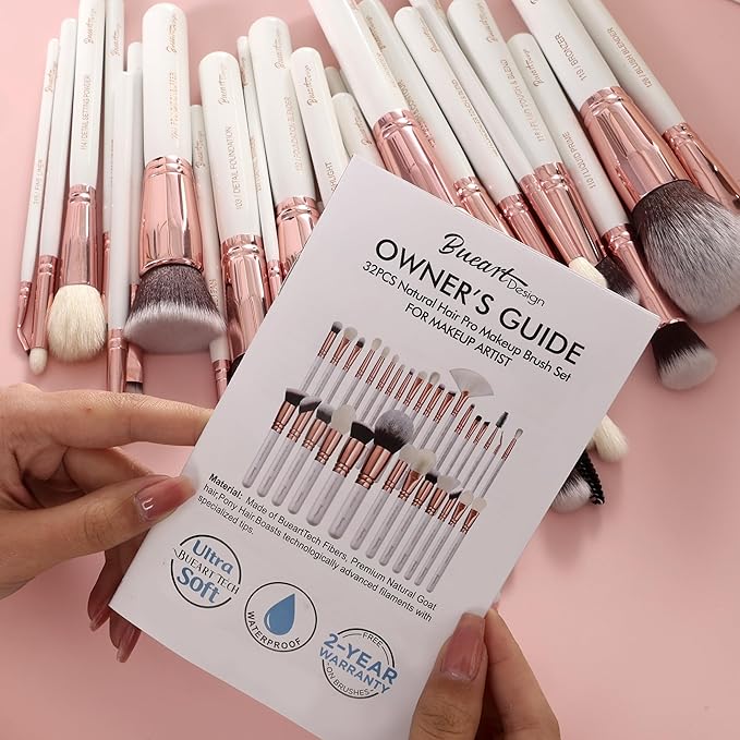 Pro makeup Artist Brushes Set 32Pcs Luxury Goat Hair Horse hair Makeup Brush Set eye and face brushes for every possibility By Bueart Design (Pearl White)-VivaGrace Women