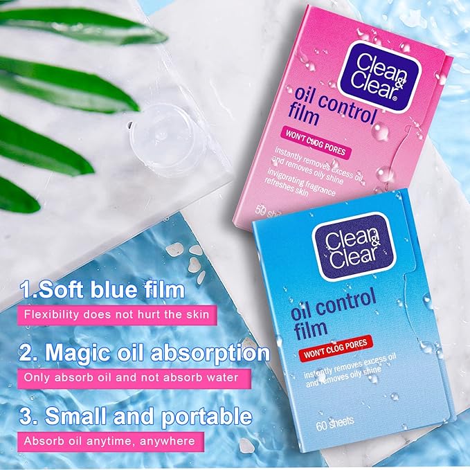 Oil Absorbing Tissues Oil Control Film, Oil Blotting Paper Same Series with Clean & Clear Oil Absorbing Facial Sheets for Oily Skin, 60 sheets Blue + 50 sheets Pink-VivaGrace Women