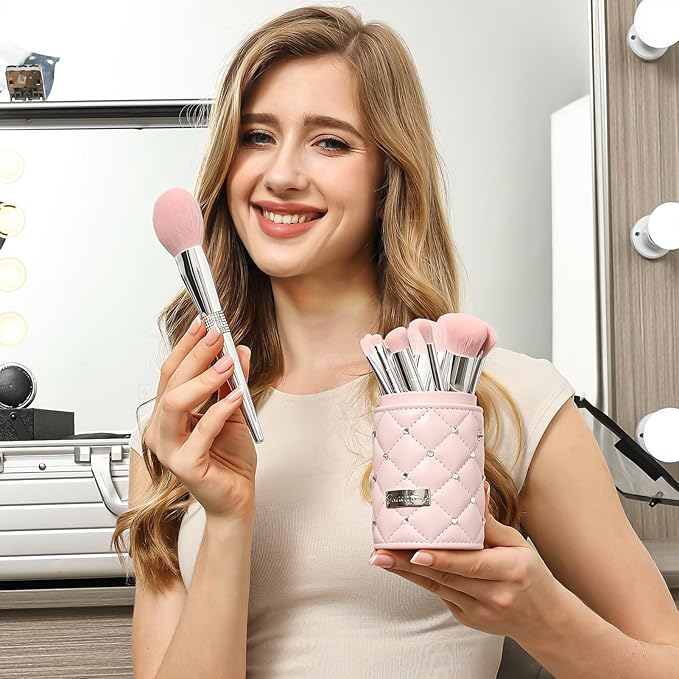 Bueart Design Elegant pink Ultra soft labeled Makeup Brushes Sets with Brush Holder makeup brush set with Foundation Powder blush blending contour Brush (15Pcs Silver Pink+Holder)-VivaGrace Women
