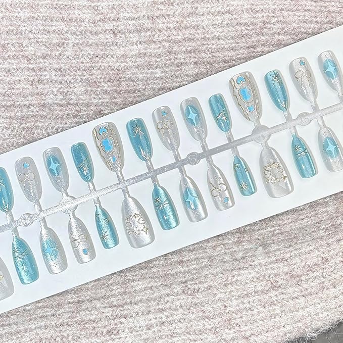 30Pcs Cat Press on Nails Short Almond Fake Nails Blue Cute Cat with Star Rhinestones Design Glitter False Nails Handmade Full Cover Artificial Glue on Nails Spring Summer Stick on Nails for Women