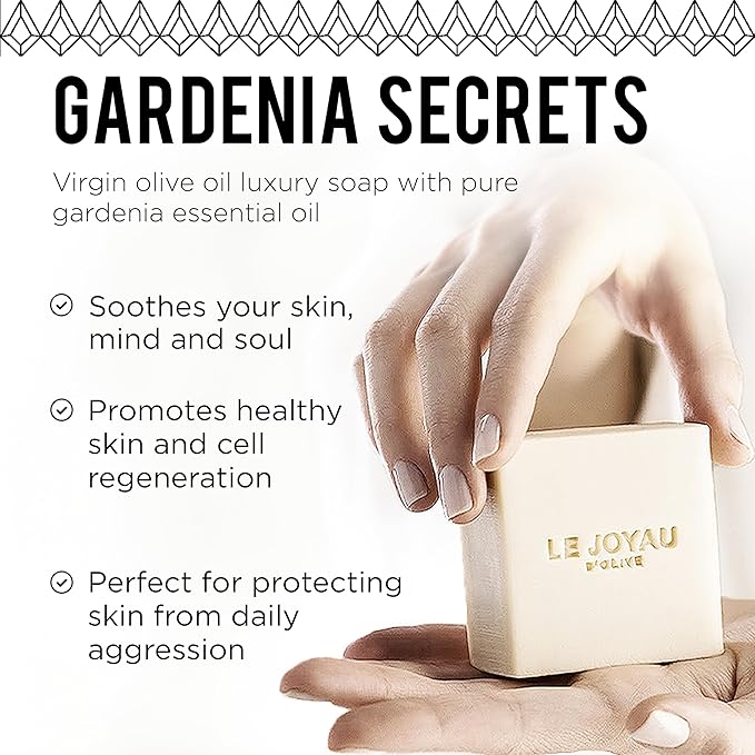 GARDENIA SECRETS | Gentle Cleanser made of Cold Pressed Virgin Olive and Essential Oils | Authentic Lebanese Recipe for Face & Body | Long Lasting Artisanal Bar Soap | Handmade & Aged 5 Months