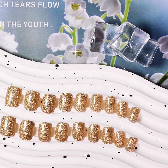 KQueenest Light Gold Glitter Press on Nails, Short Square Acrylic False Nails with Designs, 24 Pcs Set