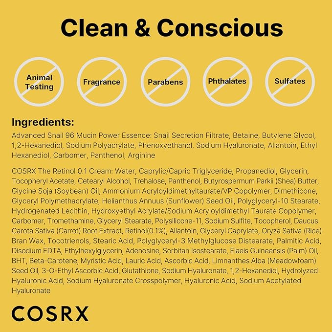 COSRX Glass Skin Korean Skincare Set- Advanced 96% Snail Mucin Serum (3.38fl oz * 2pcs) & Mini Sized 0.1% Retinol Cream for Face (0.1oz)- Korean Skin Care Gift Set, Anti Aging Set-VivaGrace Women