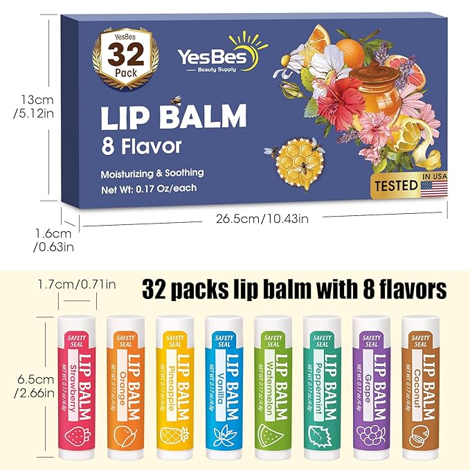 32 Pack Lip Balm, Natural Lip Balm Bulk with Vitamin E and Coconut Oil, Moisturizing Lip Balm for Dry Cracked Lips, Lip Balm for Stocking Stuffers - 8 Flavors-VivaGrace Women