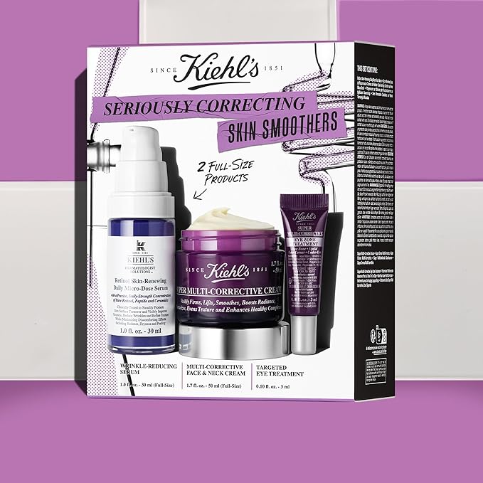 Kiehl's Seriously Correcting Skin Smoothers Skincare Gift Set – 3 Piece Skincare Routine Set with Wrinkle Reducing Face Moisturizer, Retinol Facial Serum & Anti-Aging Eye Cream-VivaGrace Women