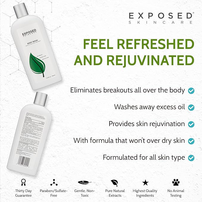 Exposed Skin Care Body Wash - Back and Body Acne Wash with Salicylic Acid and Tea Tree Oil – Exfoliating Bacne Treatment for Clearer, Healthier Skin – Body Cleanser for All Skin Types (12 fl oz)-VivaGrace Women