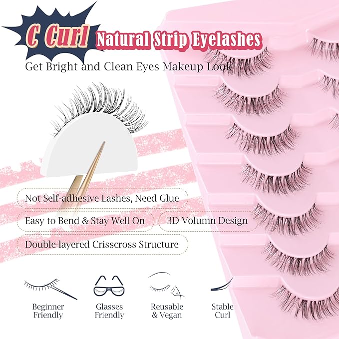 Eyelashes Natural False Lashes 14mm Eye Lashes with Thin Band 3D Volume Fake Eyelashes C Curl Wispy Lashes Natural Look 7 Pair-VivaGrace Women