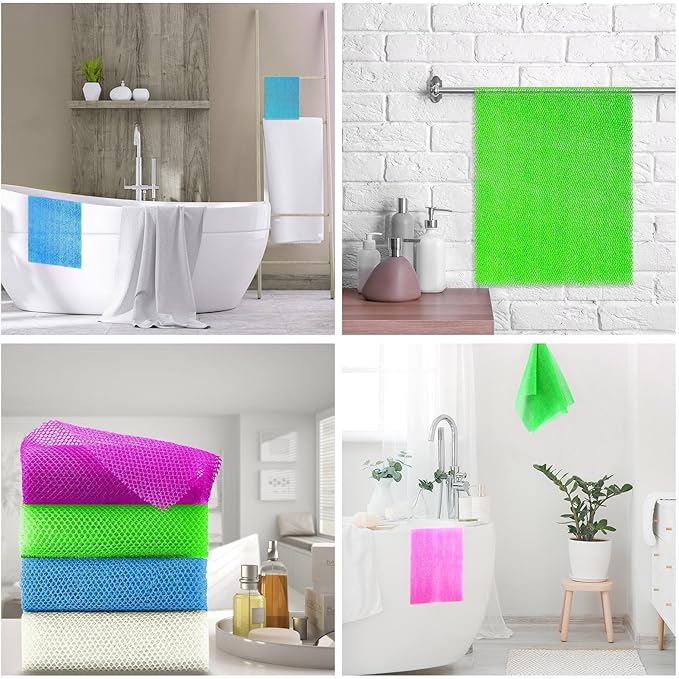 UJFQBH 4 Pieces African exfoliating net African Net Long Net Bath Sponge Exfoliating Shower Body Scrubber Back Scrubber Skin Smoother,Great for Daily Use (Purple, Blue, Green, White)-VivaGrace Women
