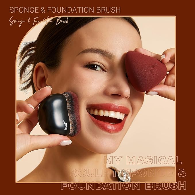 Jessup Foundation Brush with Makeup Sponge, Black Makeup Brush Flat Top Kabuki Brush for Liquid Blending Stippling, T881-VivaGrace Women