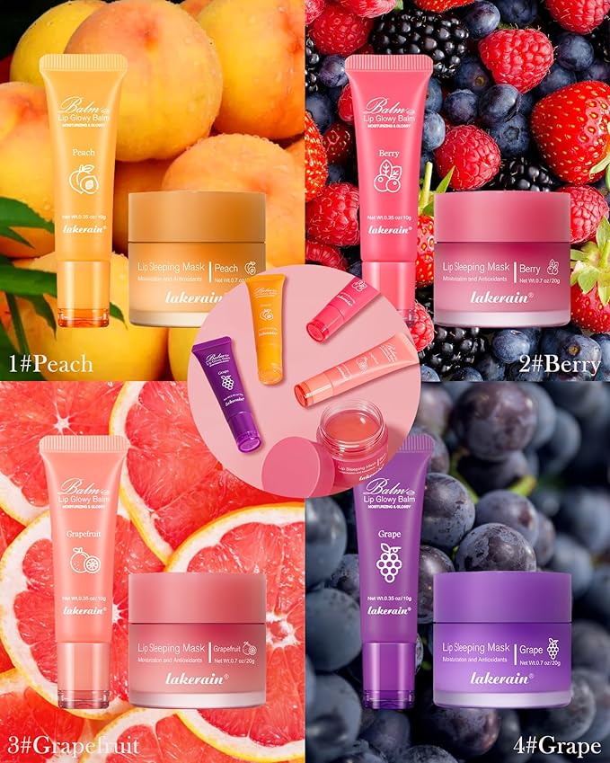 2Pcs Lip Glowy Balm & Lip Sleeping Mask Set,Hydrating Nourishing Repair Sleeping Lip Mask,Glossy Tinted Lip Balm,Day & Night Smooth Cracked Chapped Lip,Lip Care Therapy Treatment for Women-Grapefruit-VivaGrace Women
