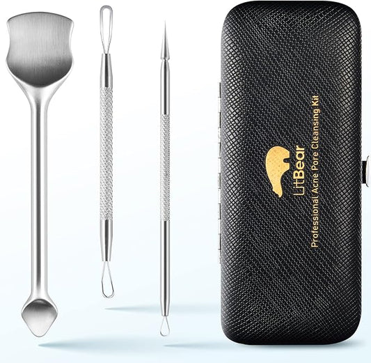 LitBear Pore Prep Tool, Blackhead Remover Pimple Popper Tool Kit, Stainless Steel Blackhead Extractions Tool for Acne, Whitehead Popping, Blemish, Comedone, Black-VivaGrace Women
