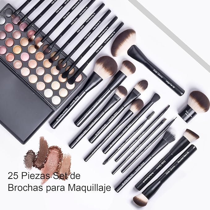 25 pcs Makeup Brush Set Holder Black Professional Kabuki Powder Concealers Eye shadows Blush Eyeliner Eyebrow Contour Eye blending Brushes (25pcs brush with box)-VivaGrace Women