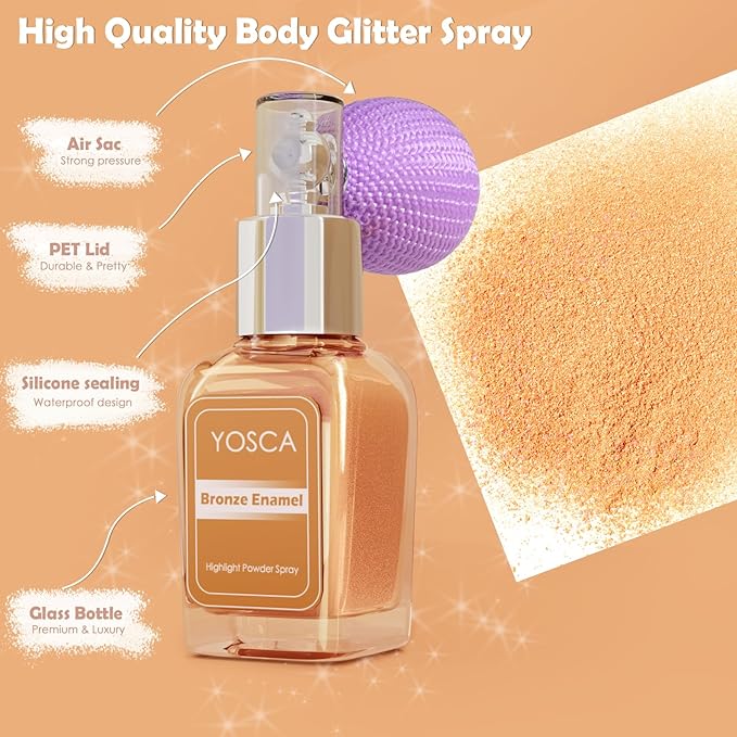 Yosca Highlighter Powder Spray, 20ML Cosmetic Grade Shimmer Powder Glitter Spray Sparkle Highlighter Makeup Festival Concert Accessorise for Rave Clothes Hair Face Nail Art - Bronze Enamel-VivaGrace Women