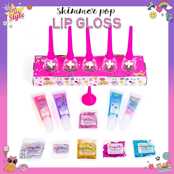 Just My Style Shimmer Pop Lip Gloss, Create 5 Lollipop-Shaped Lip Glosses, Includes Funnel, Empty Lip Gloss Containers, Sweet Lip Gloss Base, Body Glitter & More, DIY Lip Gloss, Multi (208316J)-VivaGrace Women