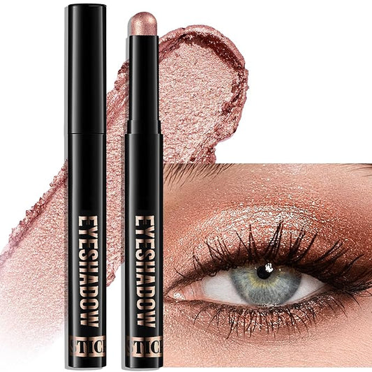 Rose Gold Shimmer Eyeshadow Stick, Waterproof Cream Eye Shadow Pencil Long-Lasting Crease-Proof Glitter Eyeshadow Crayon Smooth High Pigmented Highlighter Neutral Eye Shadow Liner Makeup-VivaGrace Women