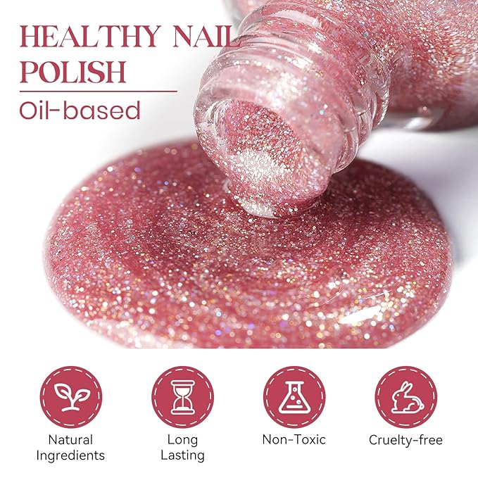 MIZHSE Quick Dry Nail Polish, Glitter Pink Nail Polish Non Gel Air Drying Fast, 15 ml Regular Sparkle Shimmery Oil-based Glitter Nail Lacquer Full Coverage Nail Art Manicure DIY Home