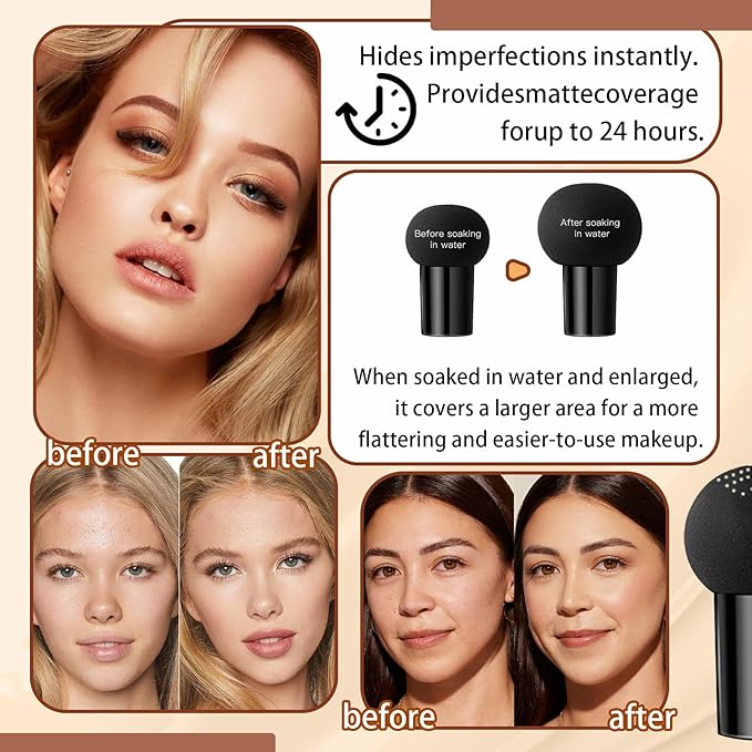 Mushroom Head Air Cushion CC Cream Foundation Makeup,Moisturizing Non-Greasy BB Cream Foundation,Long Lasting Matte Concealer Full Coverage Face Makeup Liquid Foundation for All Skin Types(Ivory)-VivaGrace Women