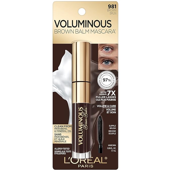 L'Oreal Paris Voluminous Brown Balm Volumizing Mascara, Washable, Brown, 0.26 Fl Oz., 1 Count