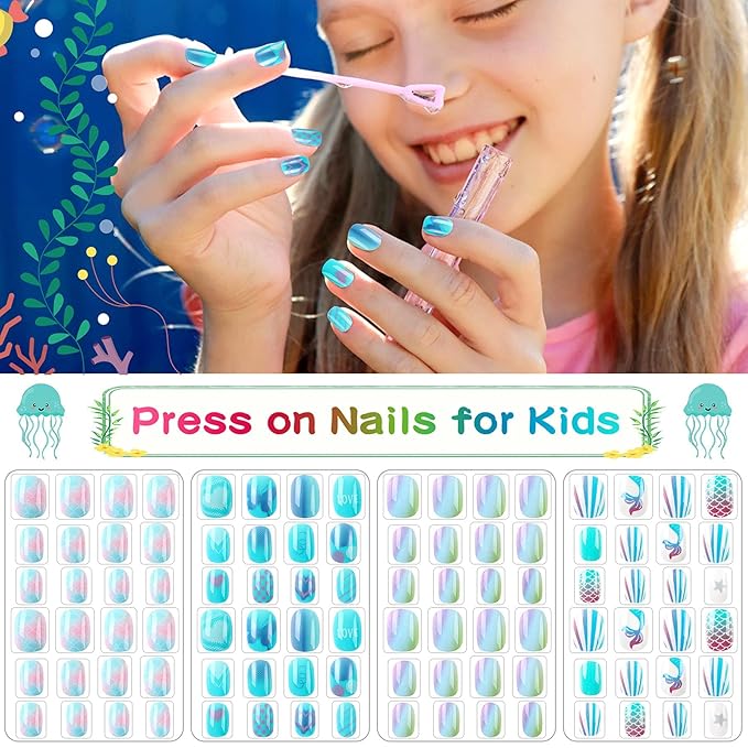 JANYUN 96 Pcs Kids False Nails - Press On, Full Cover, Short Nails in Blue Theme for Little Girls' Nail Art Decoration