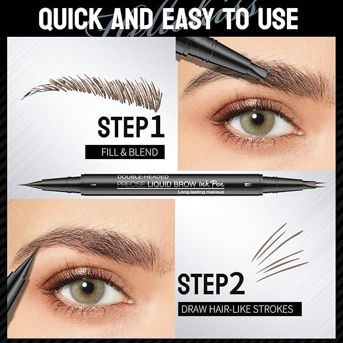 Curved Microblading Eyebrow Pencil, Eyebrow Pen 2-in-1 Dual-Ended Eyebrow Pencil with 2-Fork-Tip and Single Tip Creates Natural Eyebrows Waterproof Long-lasting(Light Brown)