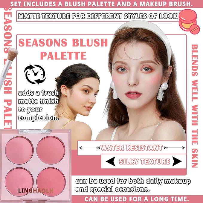 4 Colors Blush Palette for Cheeks,Face Matte Contour Blush Makeup Palette,Buildable Shimmer Facial Cheek Blusher Shades,Blendable Cosmetic Makeup Blush with Blush Brush 01-VivaGrace Women