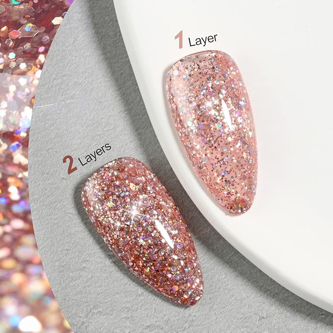 GAOY Glitter Gel Nail Polish, 16ml Pink Champagne Sparkly Gel Polish, Diamond Shiny Glitter Soak Off UV Gel for Nail Art, 1124 Pink Champagne
