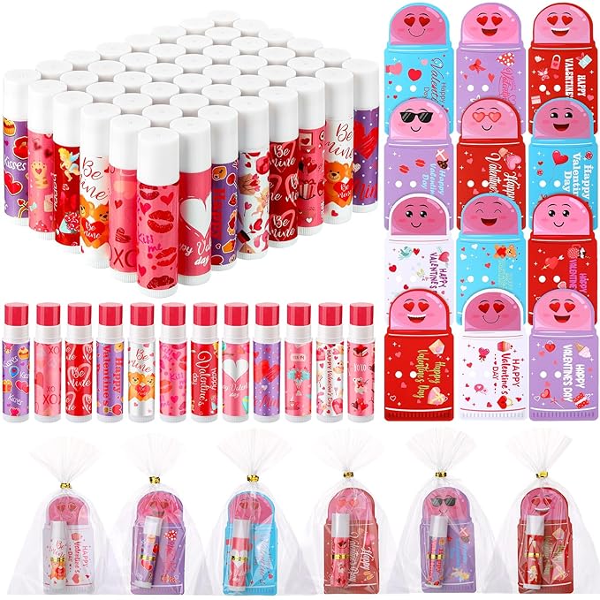 48 Pcs Valentine's Day Cherry Flavored Moisturizing Lip Balm Gloss Lipstick with 48 Pcs Valentine's Day Card Bulk Party Supplies Lip Care Gift Men Women and Children, 12 Styles-VivaGrace Women