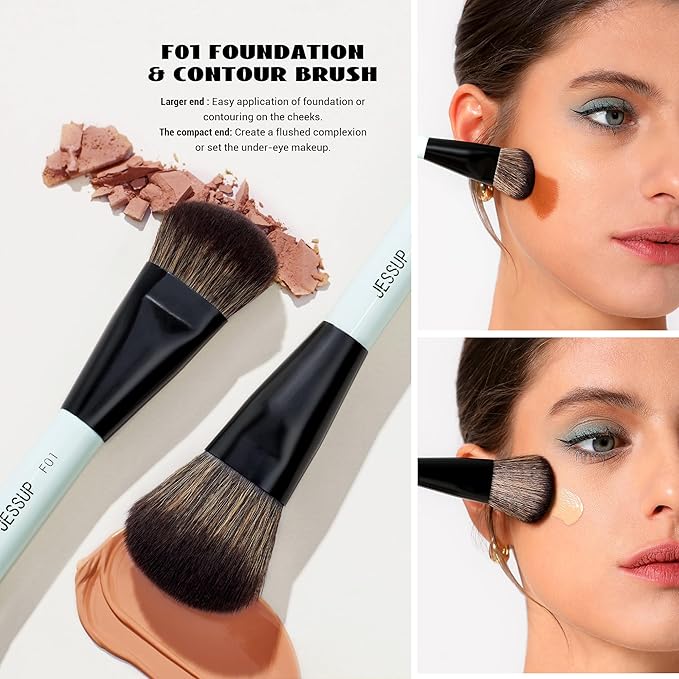 Jessup Face Makeup Brushes Blue 3pcs Double Ended Makeup Brush for Foundation Contour Blush Highlight and Concealer Brush, Premium Synthetic Brush Set T503-VivaGrace Women