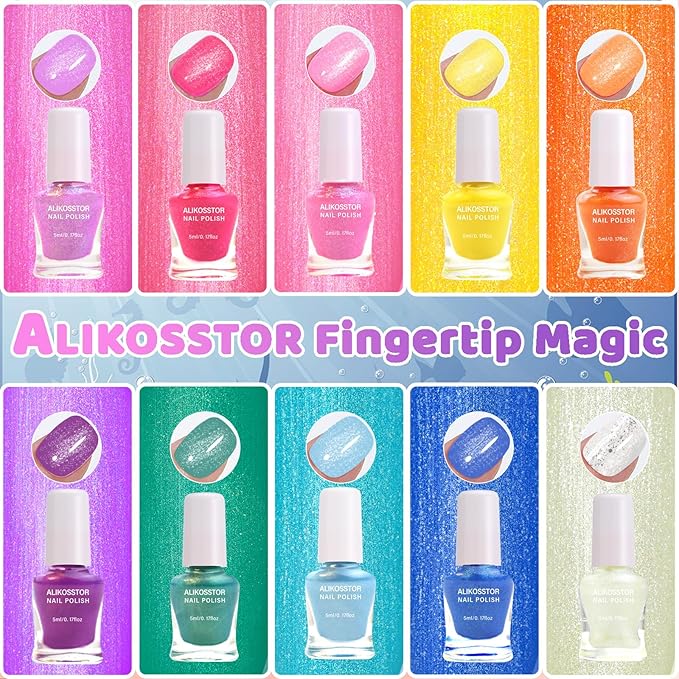 Kids Nail Polish Set for Girls 3+, 10 Sparkle Colors Non-Toxic Water Based Quick Dry Peel Off Glitter Polish Kit for Toddler Teen Party