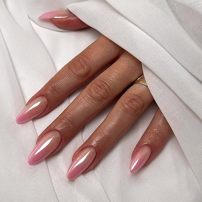 Ombre Pink Chrome Press on Nails Almond Medium Fake Nails with Mirror Designs Glossy Glue on Acrylic False Nails for Women and Girls